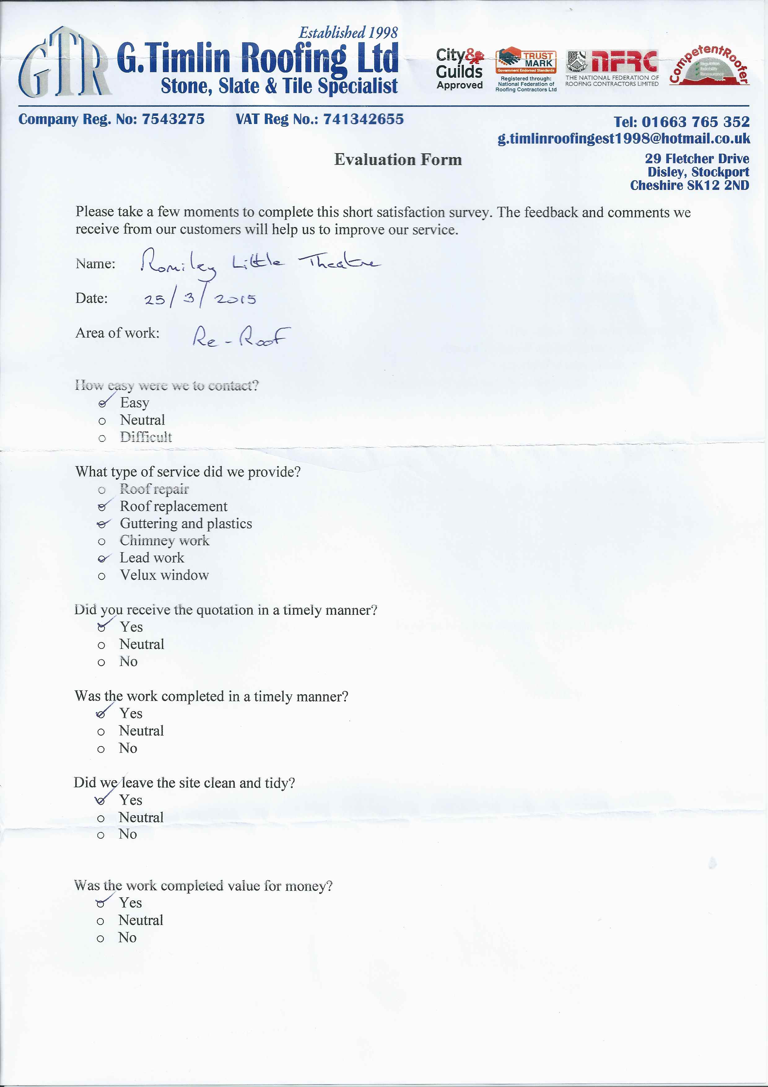 testimonial, Re-Roofing, Lead Work, Chimney Stacks, Plastics, Repairs and Maintenance, Stockport, Cheshire, High Peak, G Timlin Roofing